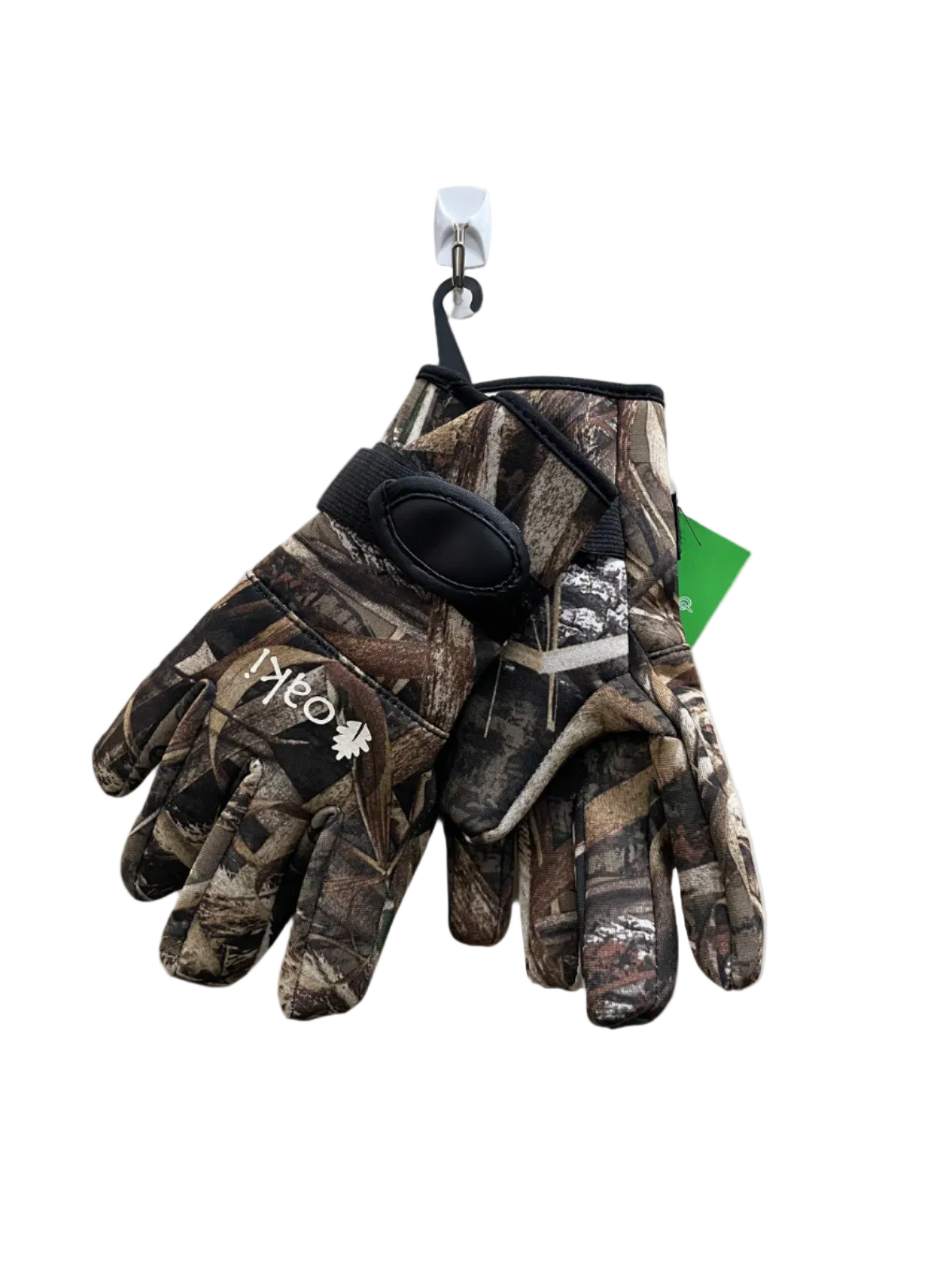 A pair of camo neoprene gloves for kids with an elastic wrist strap and Velcro closure