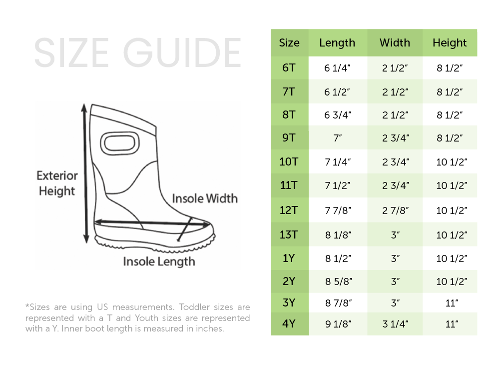 Size chart for neoprene boots by Oaki