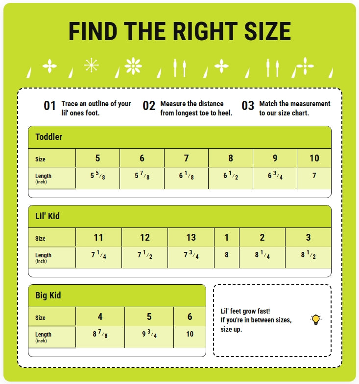 A size chart graphic titled 'FIND THE RIGHT SIZE' with three sections for Toddler, Lil' Kid, and Big Kid, showing size numbers from 4 to 10 with corresponding length measurements in inches. The chart has a bright lime green background with white panels and black text.