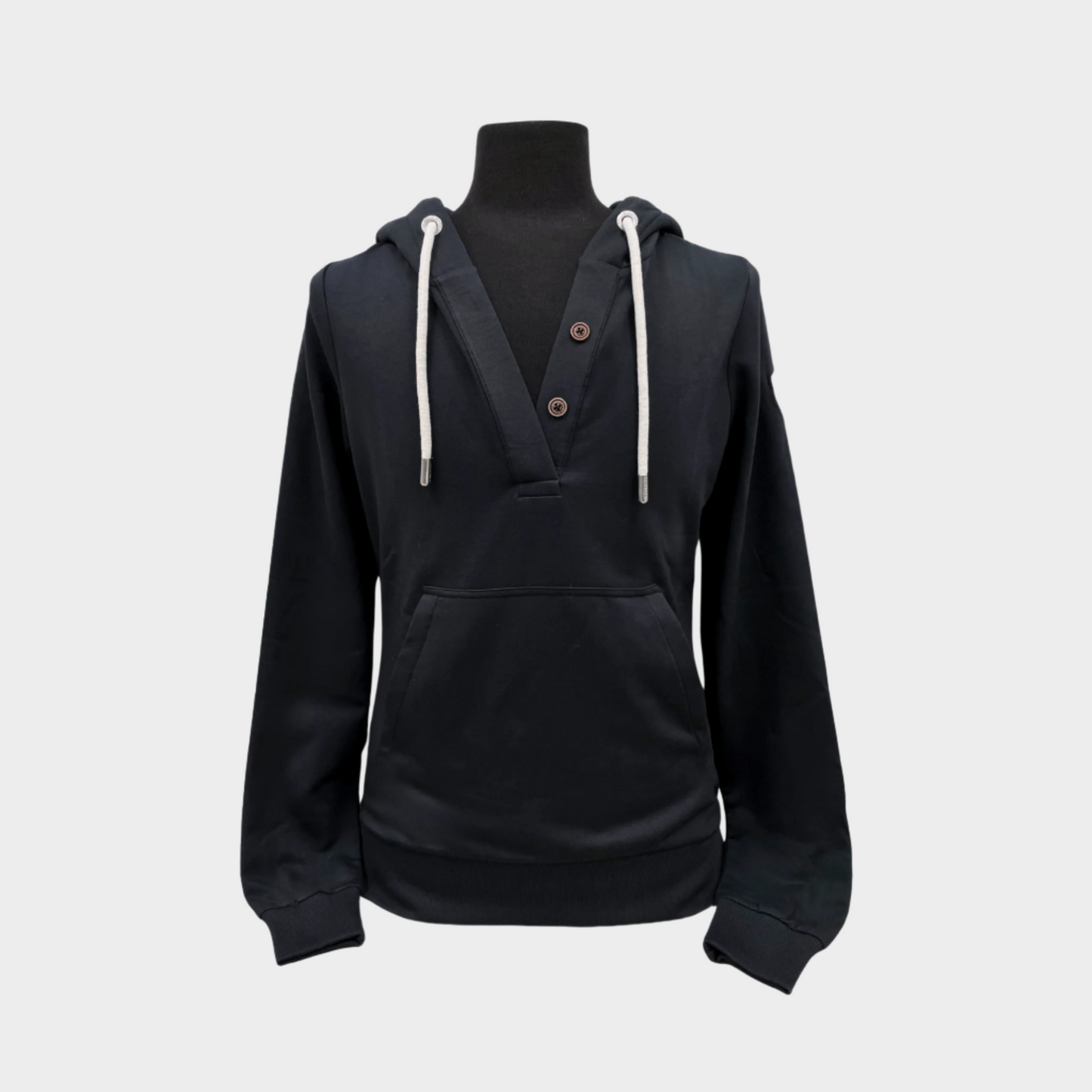Womens pullover hoodie in black. stretchy, thin pullover hoodie with v neck and faux buttons.