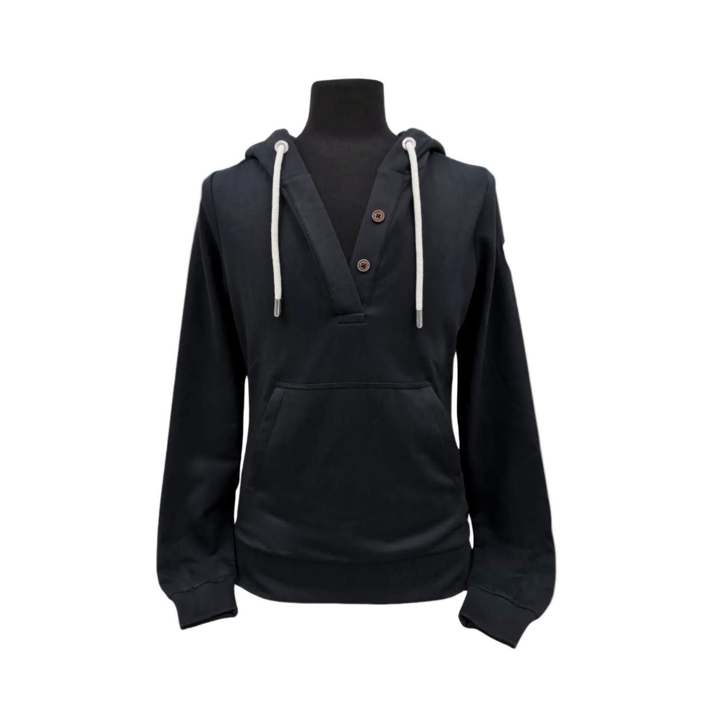 Womens pullover hoodie in black. stretchy, thin pullover hoodie with v neck and faux buttons.