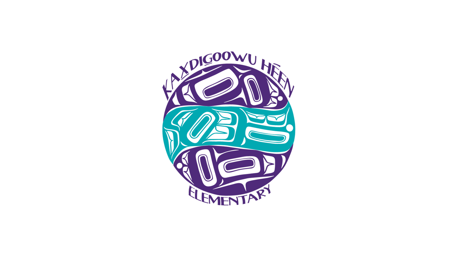 KHE school logo in dark purple, teal, and dark purple