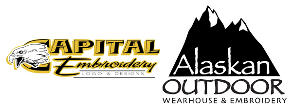 Logos of Capital Embroidery and Alaskan Outdoor on a white background