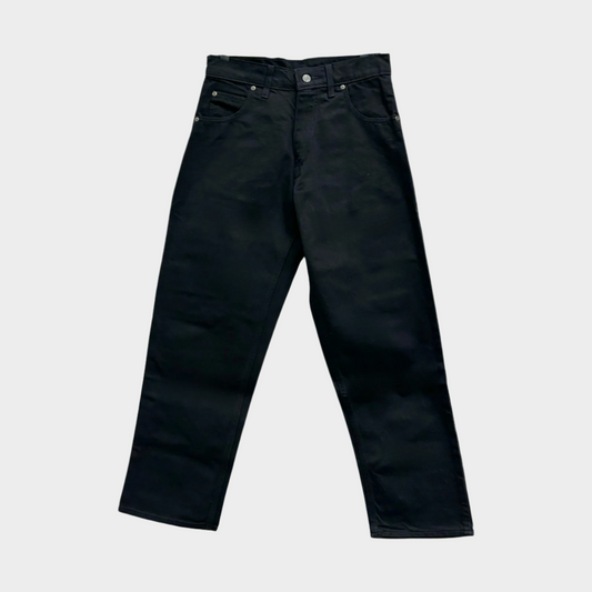 Black denim jeans with 5-pocket design, including 2 front pockets, 2 back pockets, and 1 coin pocket, and double-panel. No suspender buttons. Relaxed fit. 