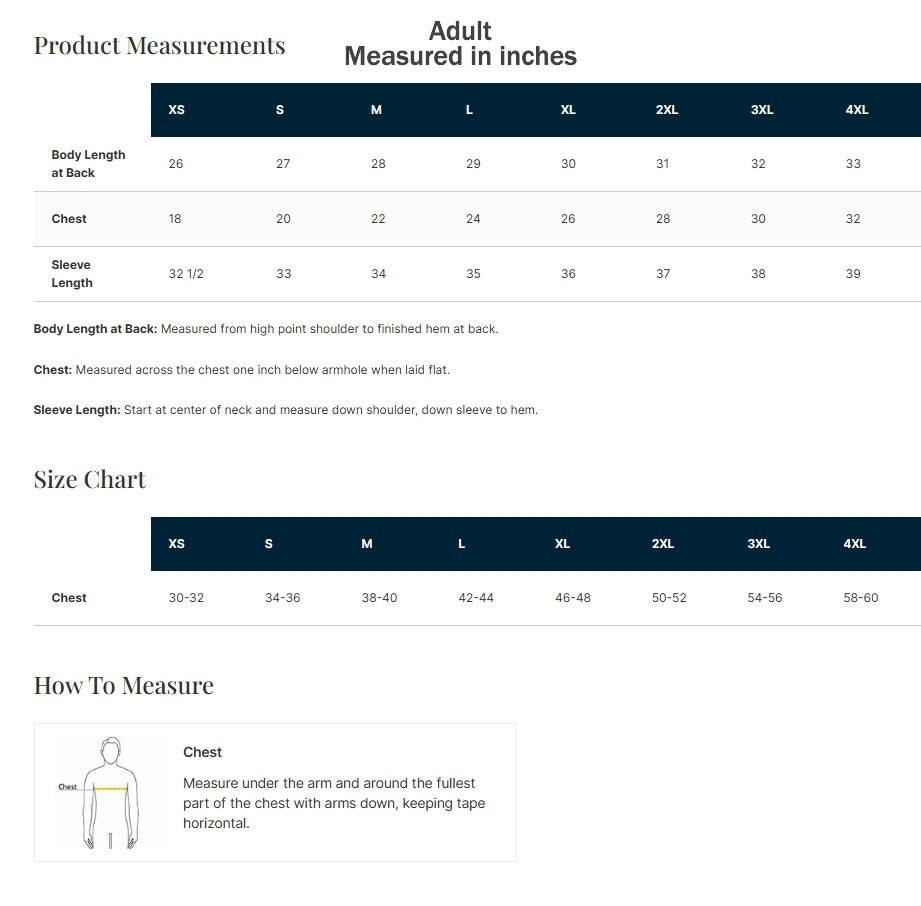 Size chart for adult clothing measurements in inches