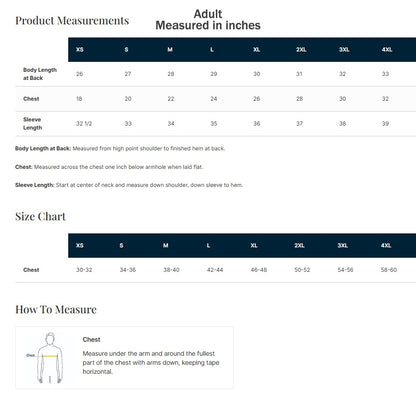Size chart for adult clothing measurements in inches