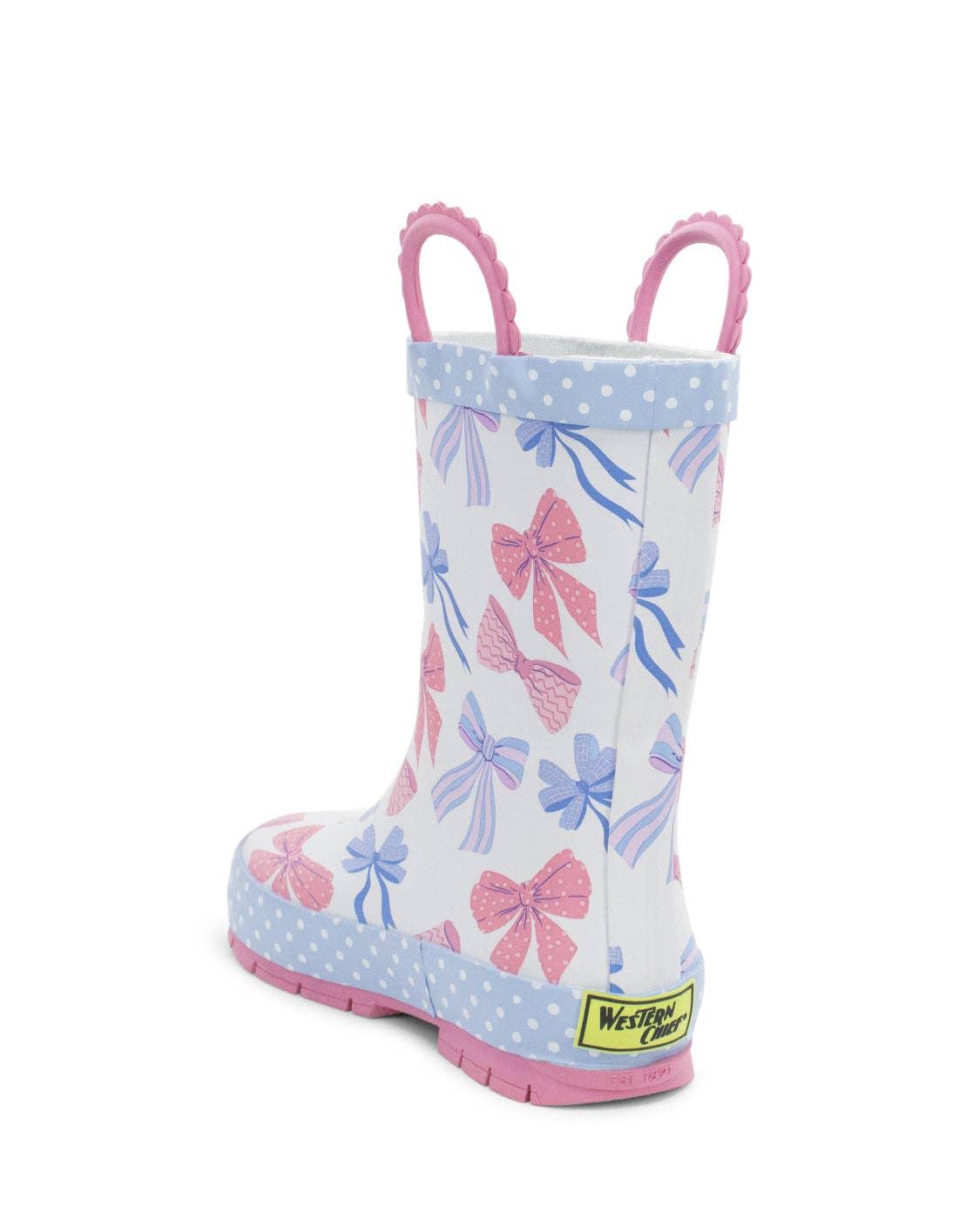 Children's rain boot with pink and blue bow pattern on a white background, back