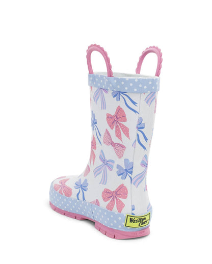 Children's rain boot with pink and blue bow pattern on a white background, back