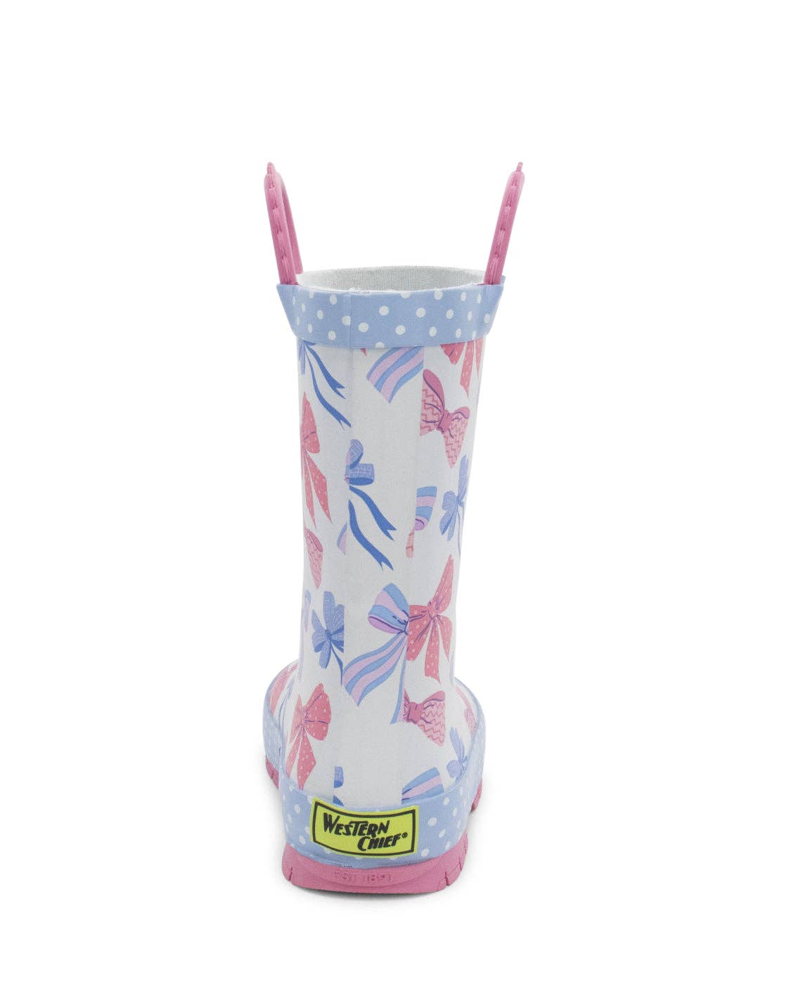 Children's rain boot with colorful bow pattern on a white background