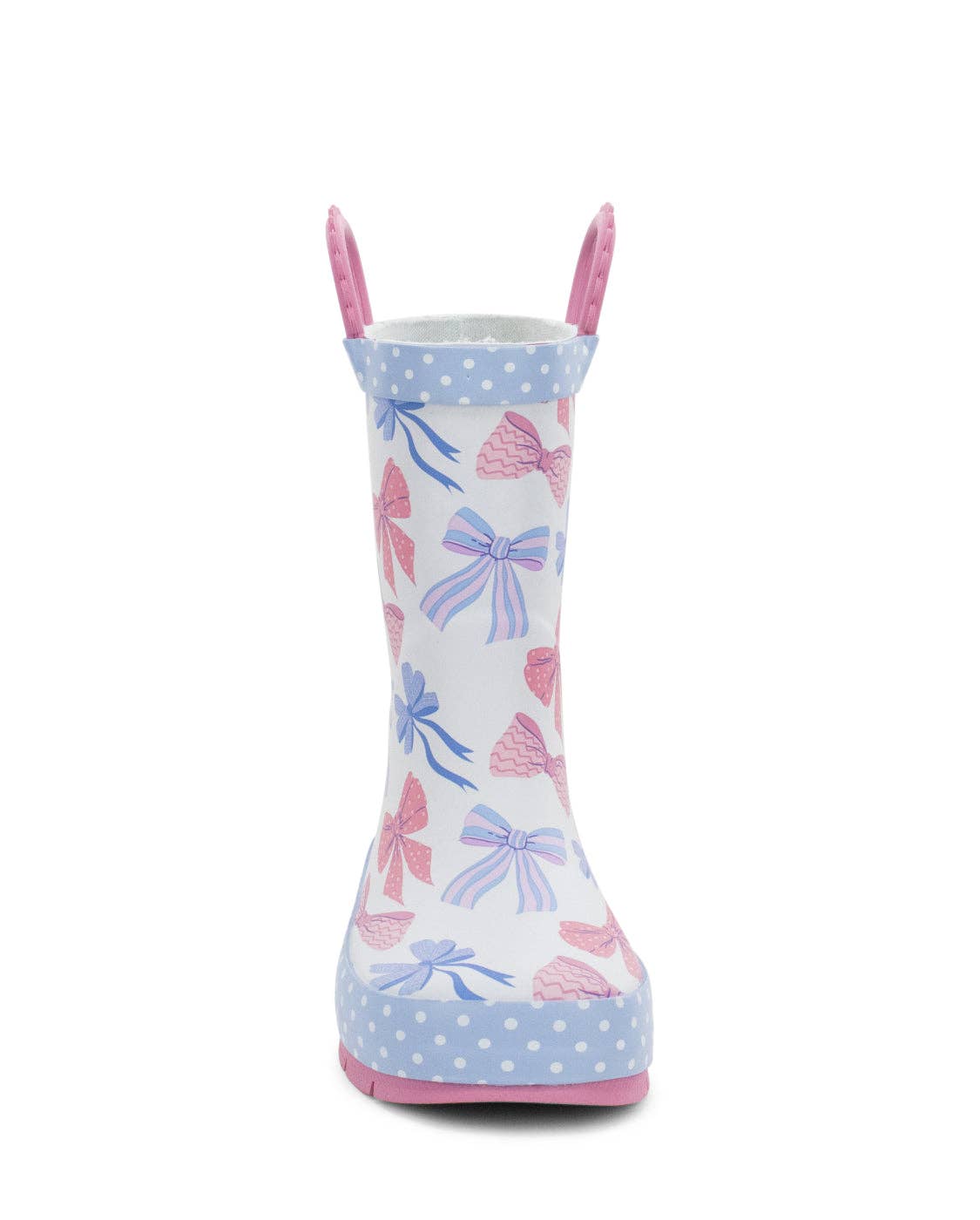 Children's wellington boot with bow pattern on a white background