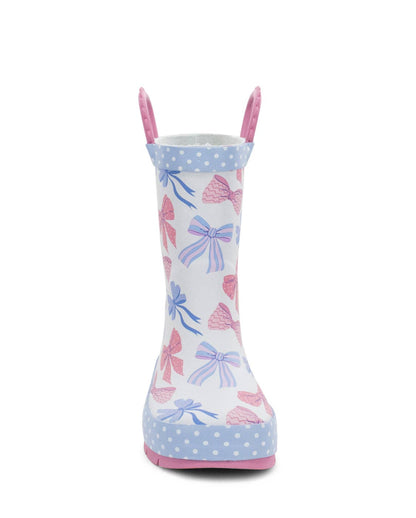 Children's wellington boot with bow pattern on a white background