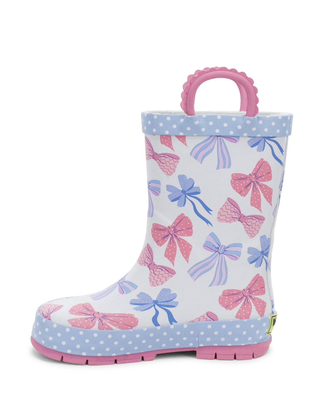 Children's rain boot with bow pattern on a white background