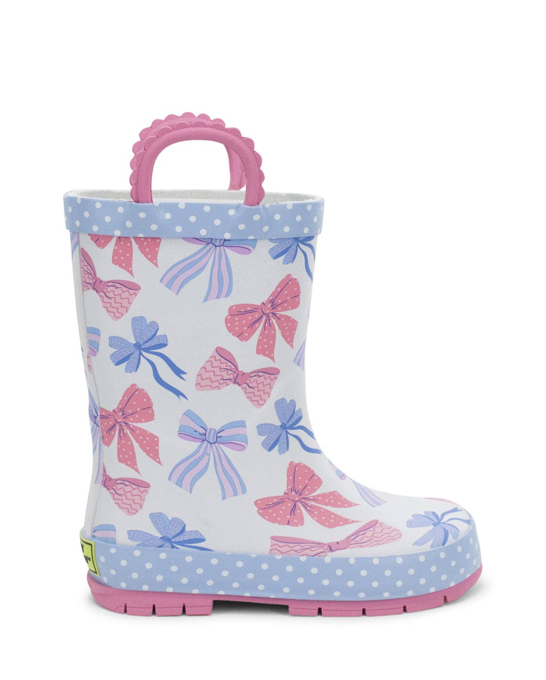 Children's rain boot with bow pattern on a white background