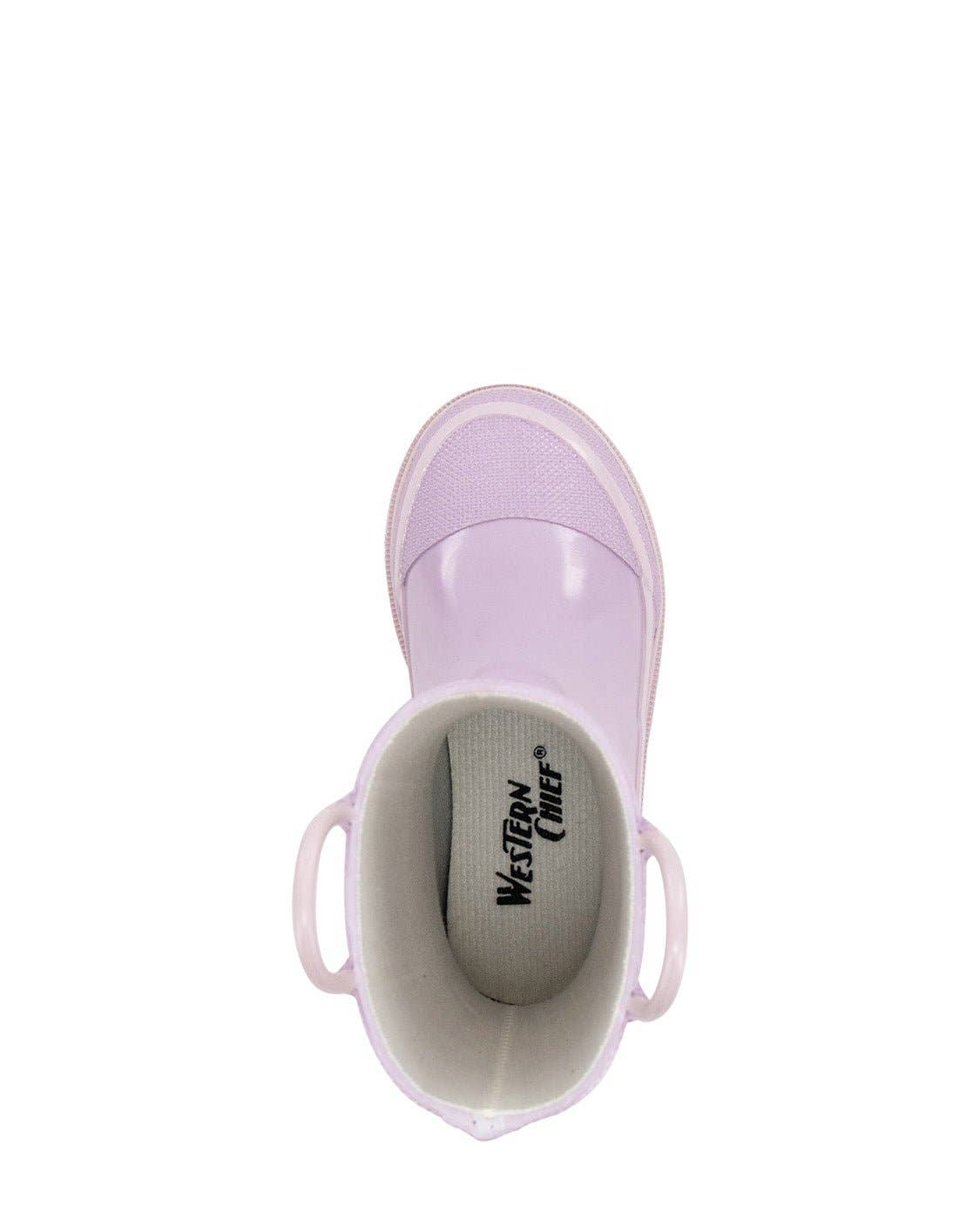Light purple rain boot with a visible brand logo on a white background