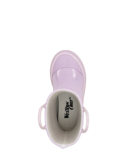 Light purple rain boot with a visible brand logo on a white background