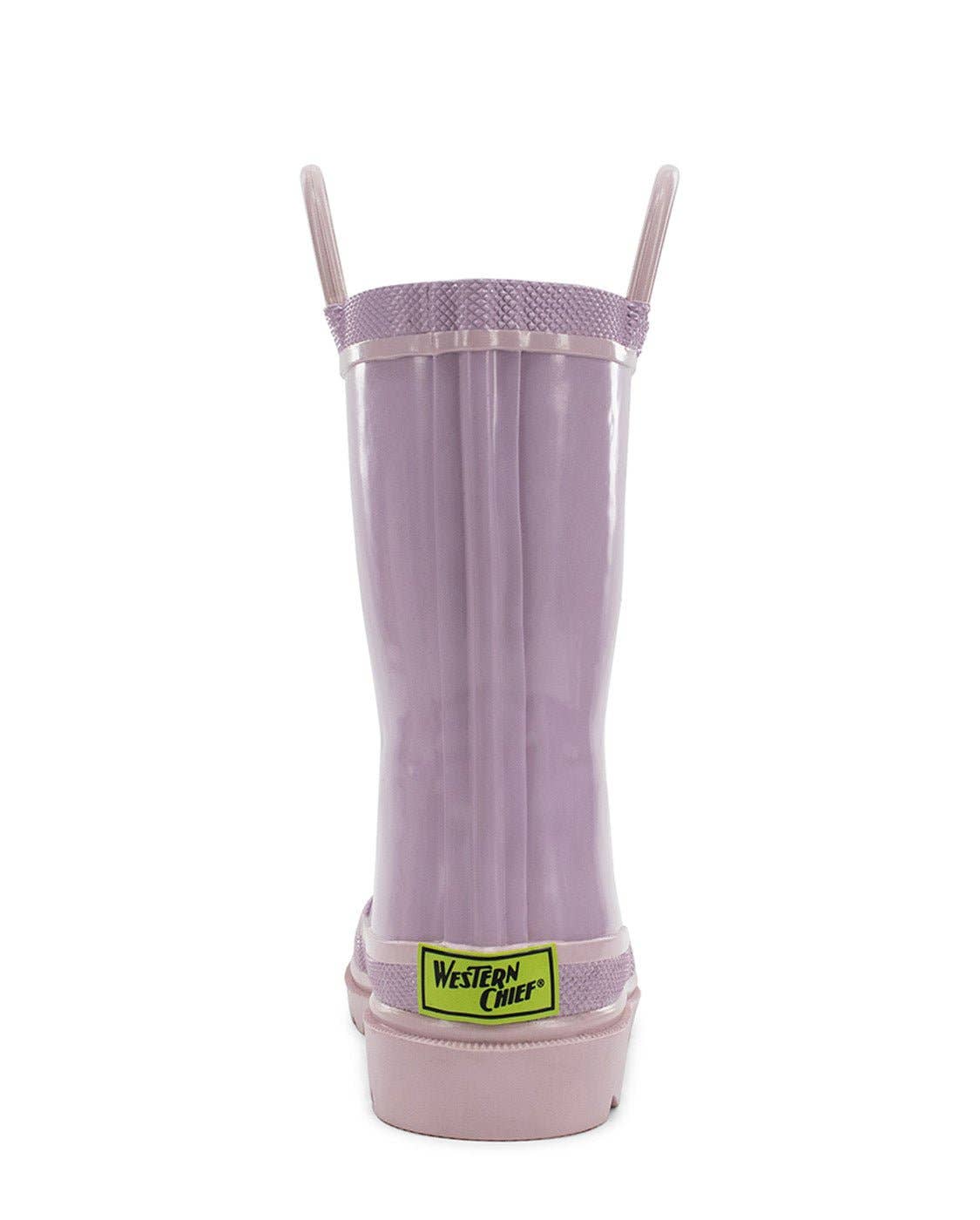 Purple rain boot with a visible brand label on a white background