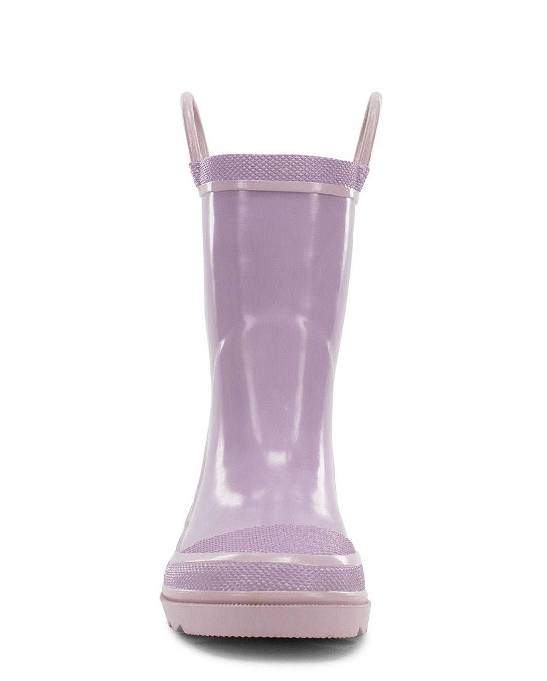 Purple rain boot with a white sole on a white background
