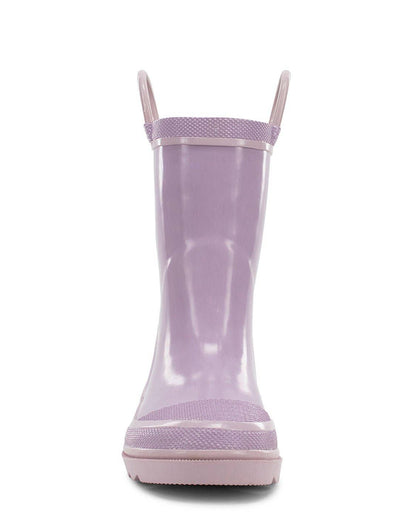 Purple rain boot with a white sole on a white background