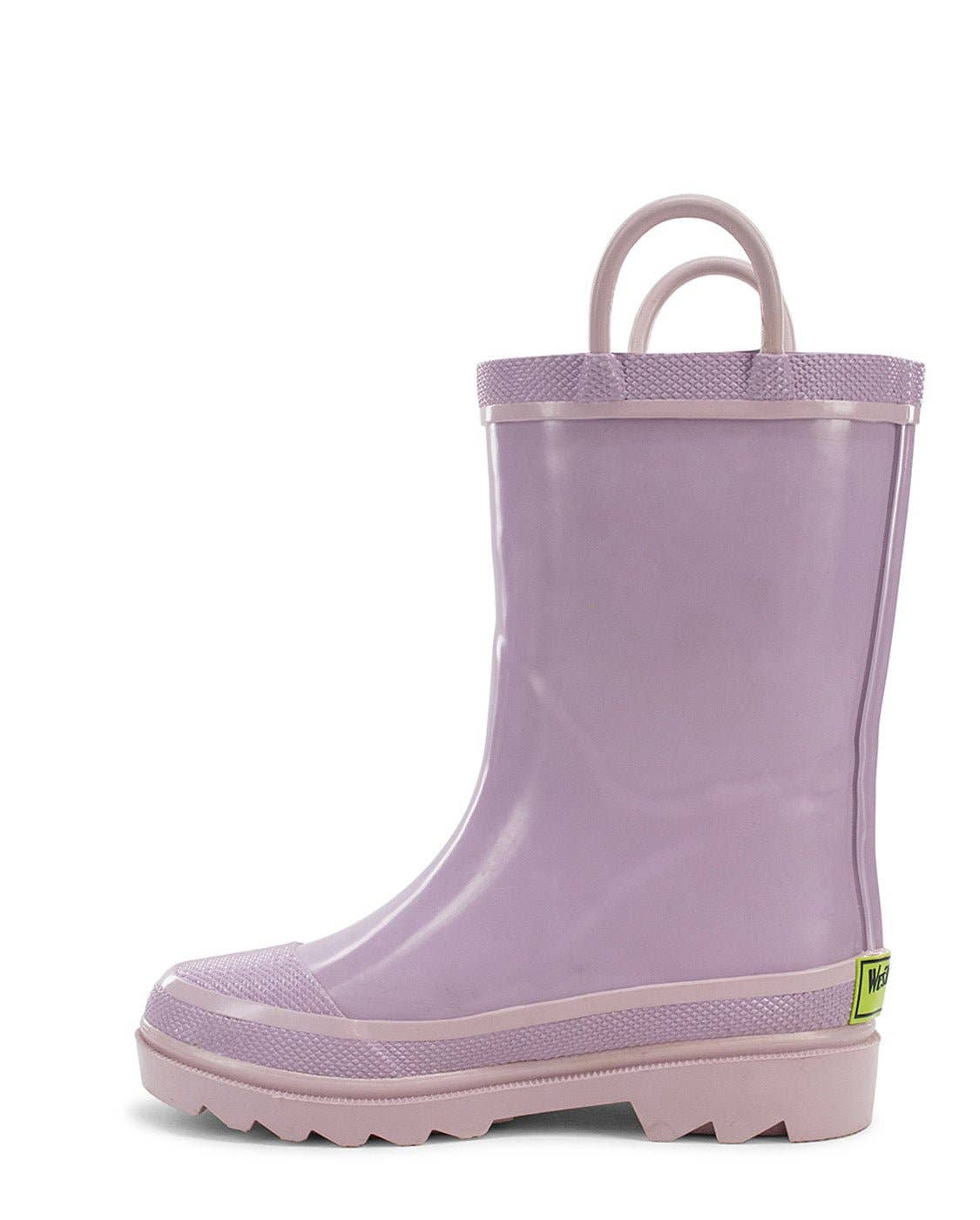 Purple rain boot with a handle on a white background