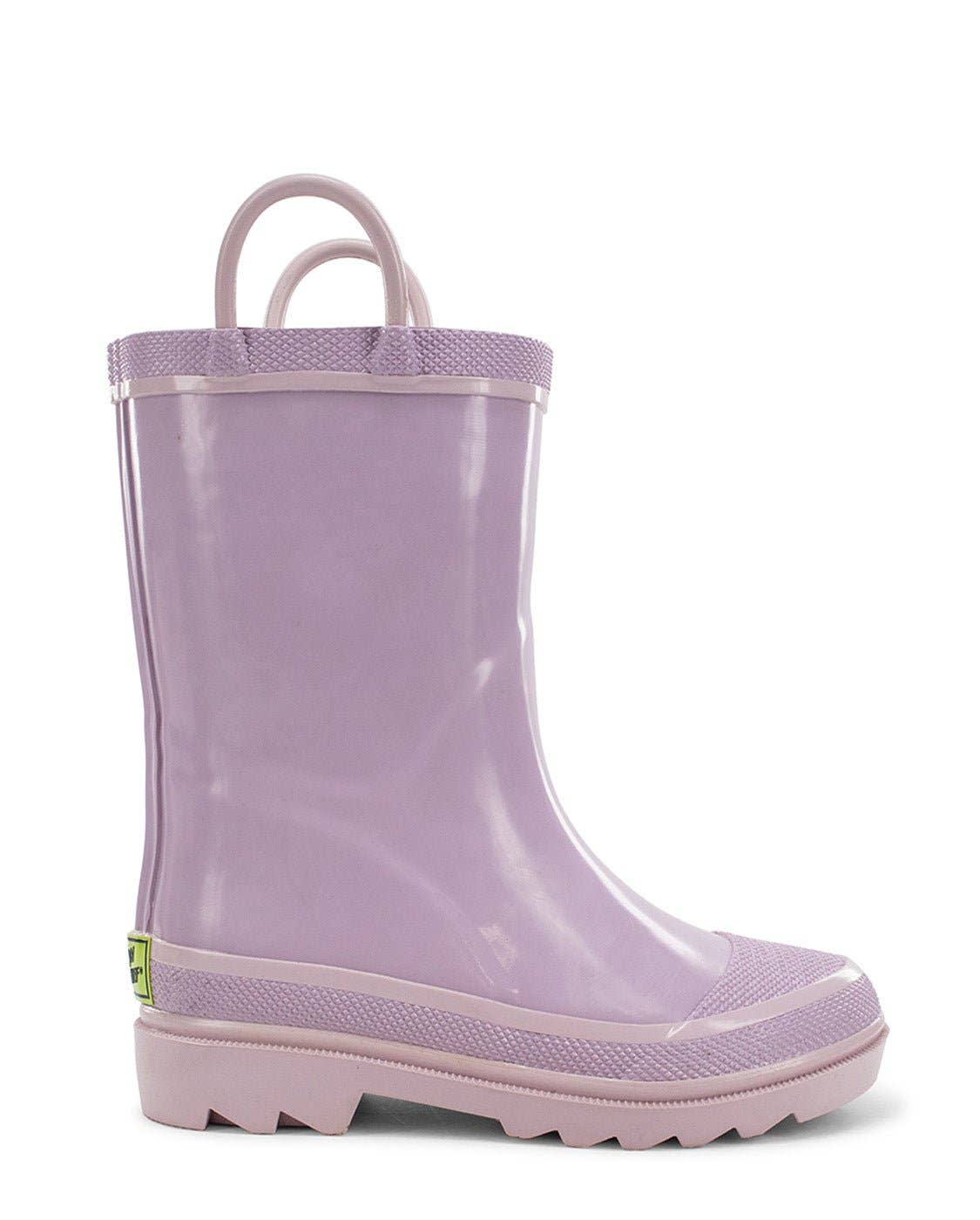 Purple rain boot with a handle on a white background