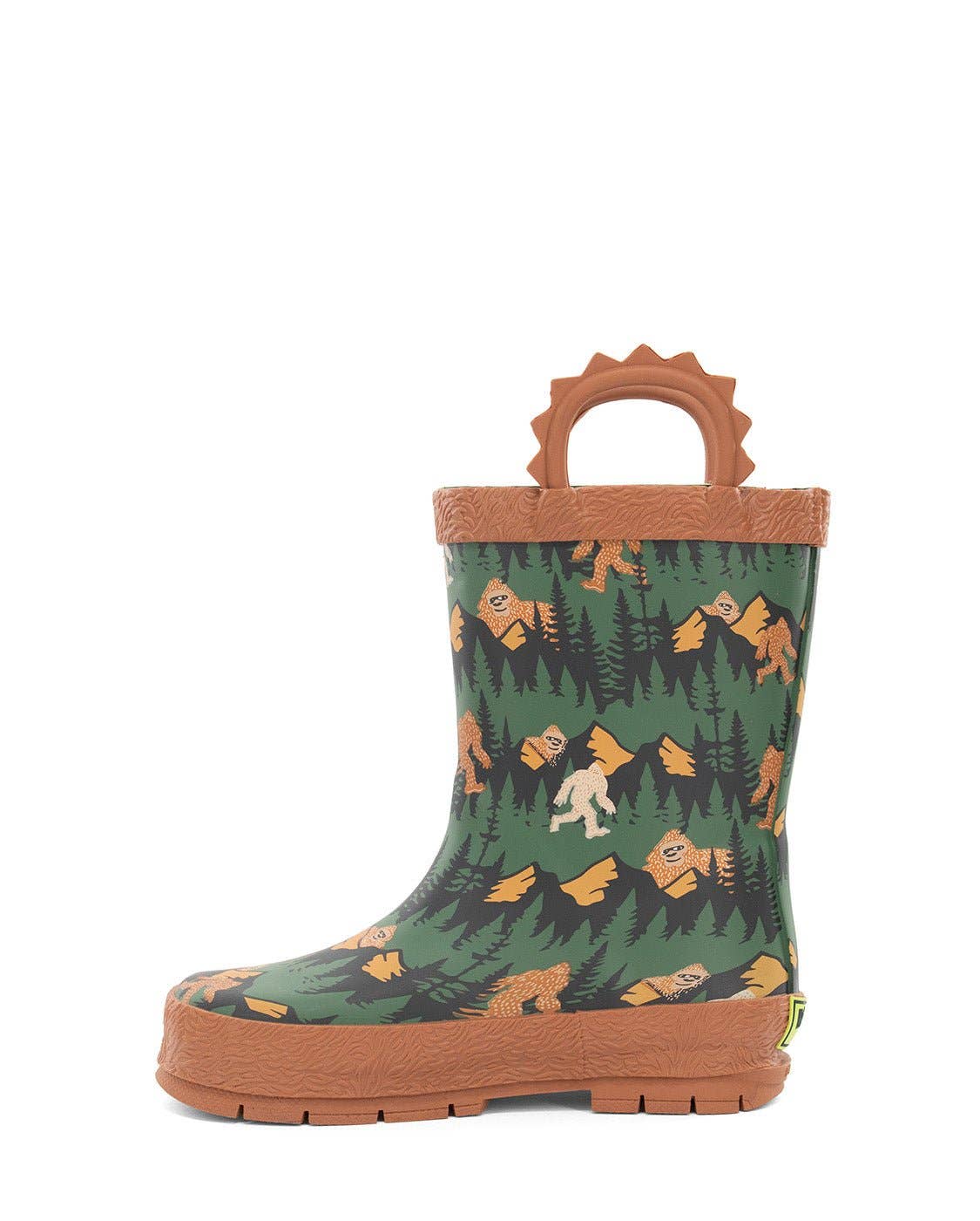 Green rain boot with bear pattern and brown handle on a white background