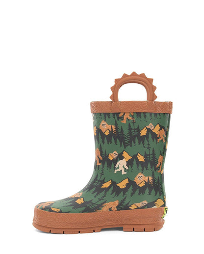 Green rain boot with bear pattern and brown handle on a white background