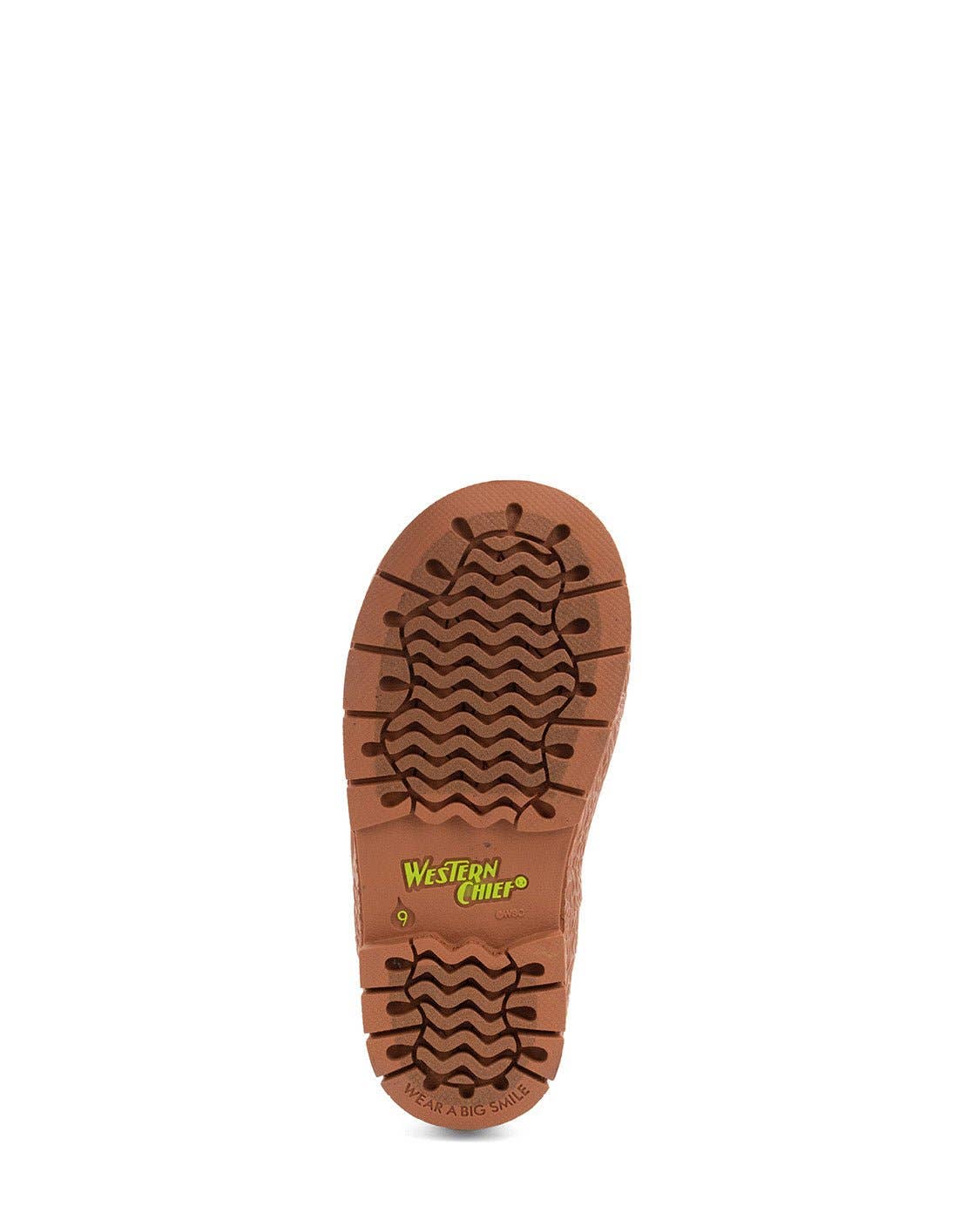 Brown shoe sole with tread pattern and 'Western Chief' logo on a white background