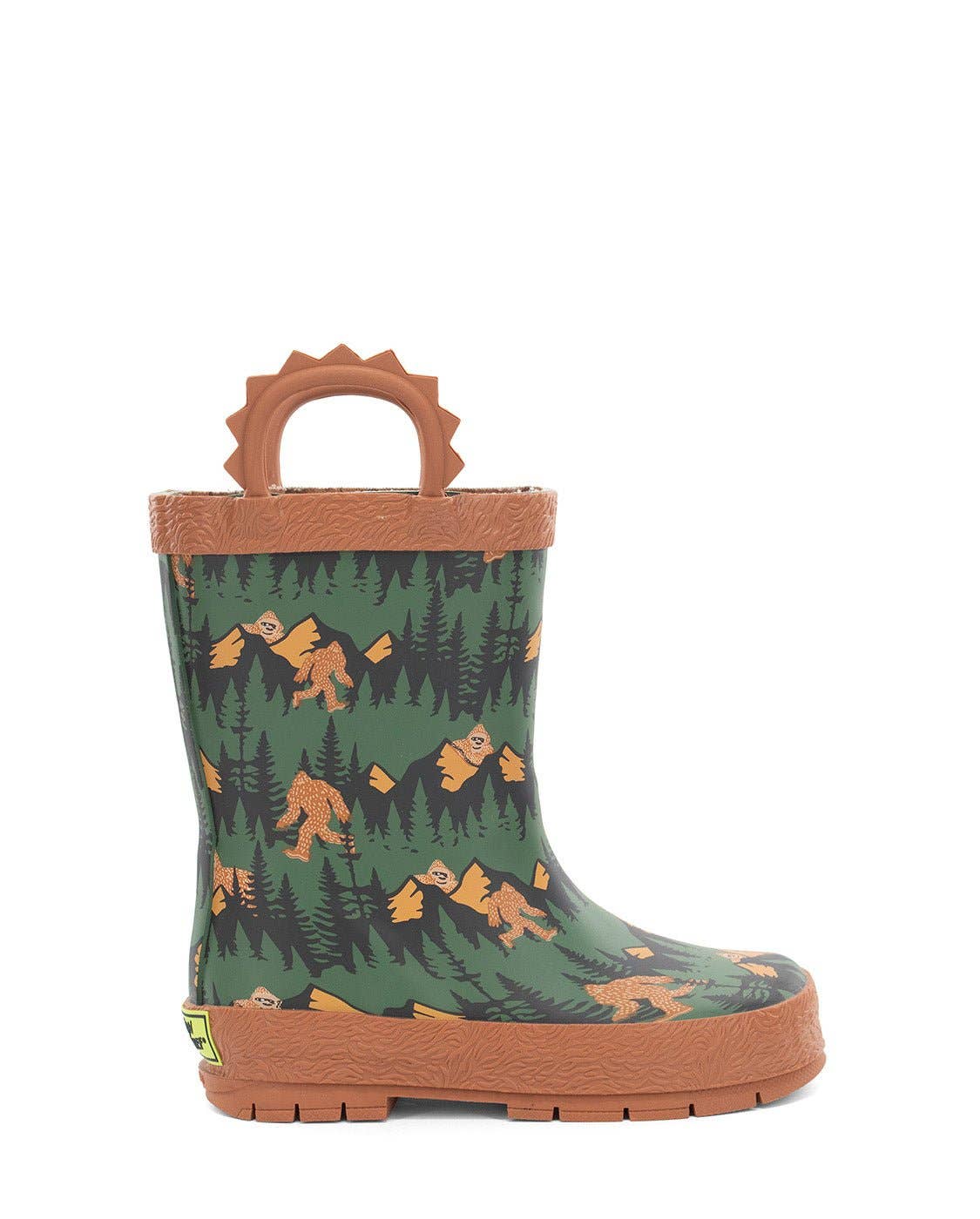 Green rain boot with bear and forest pattern on a white background