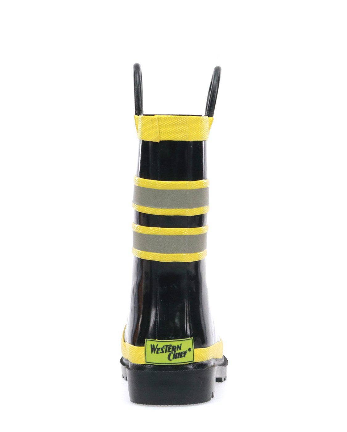 Black rain boot with yellow bands and visible brand logo on a white background