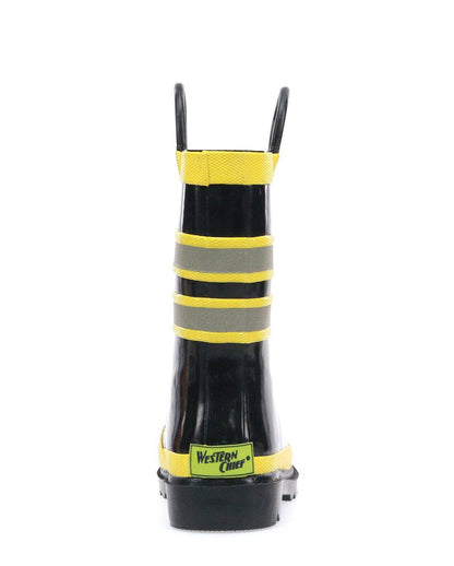 Black rain boot with yellow bands and visible brand logo on a white background