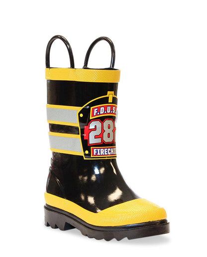 Black and yellow rain boot with a firehouse design on a white background, front diagonal view