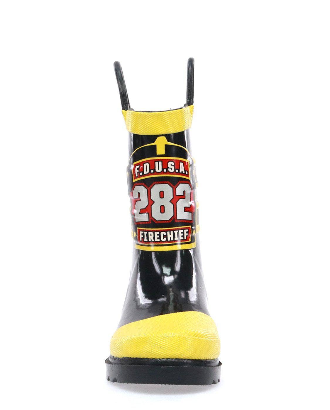 Black rain boot with yellow sole and visible branding on a white background front view