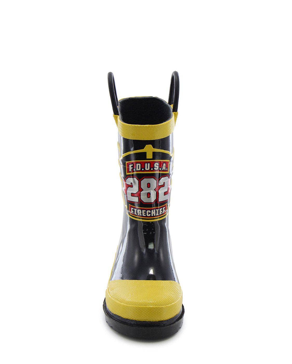 Black and yellow rain boot with firefighter design on a white background