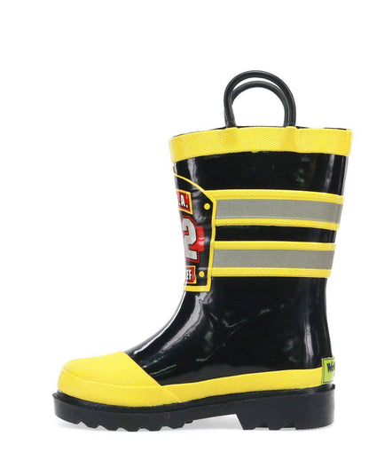 Black and yellow rain boot with reflective strip on a white background