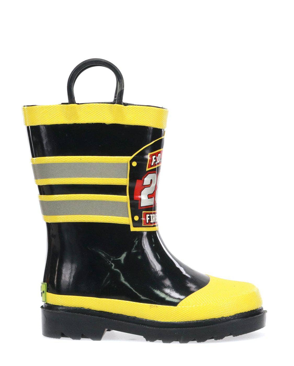Black and yellow rain boot with a visible brand label on a white background