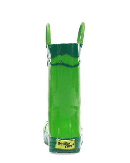 Backside of green rain boot on a white background