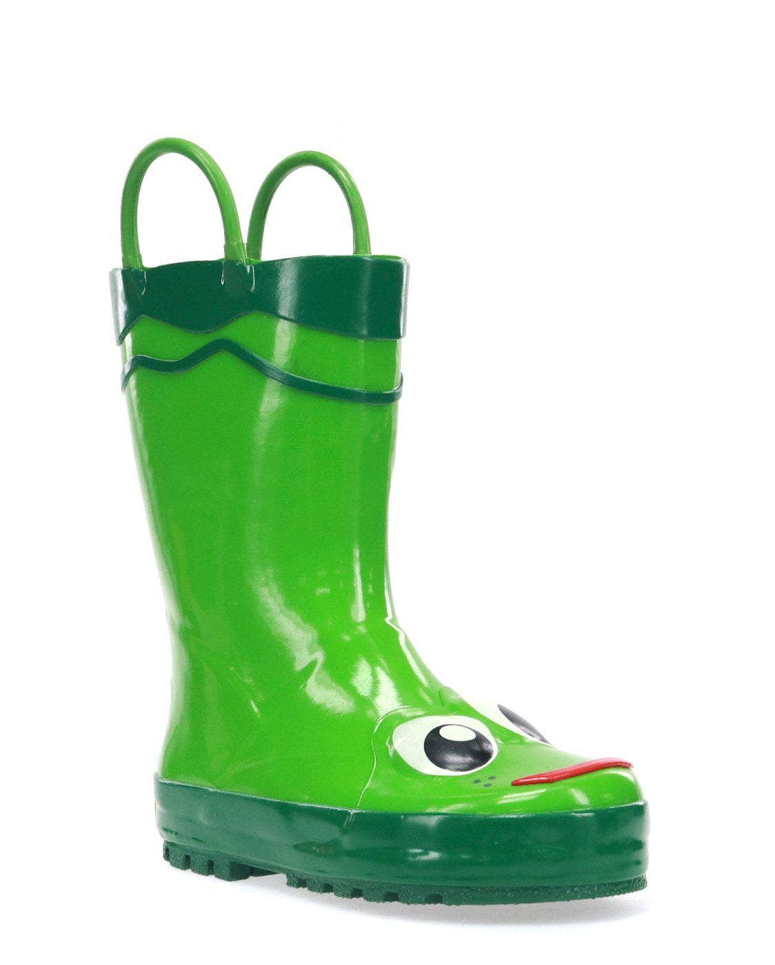 Green children's rain boot with frog design on a white background