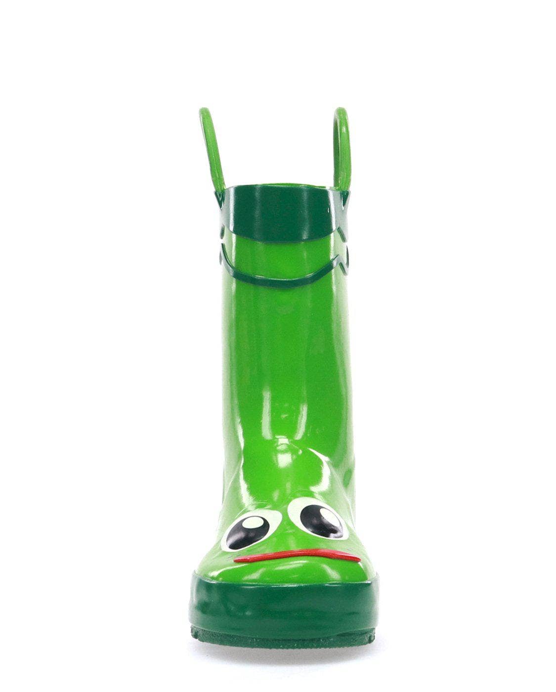 Green children's rain boot with frog design on a white background
