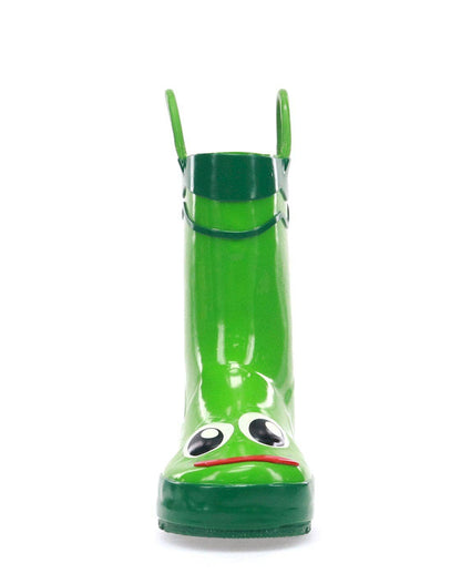 Green children's rain boot with frog design on a white background