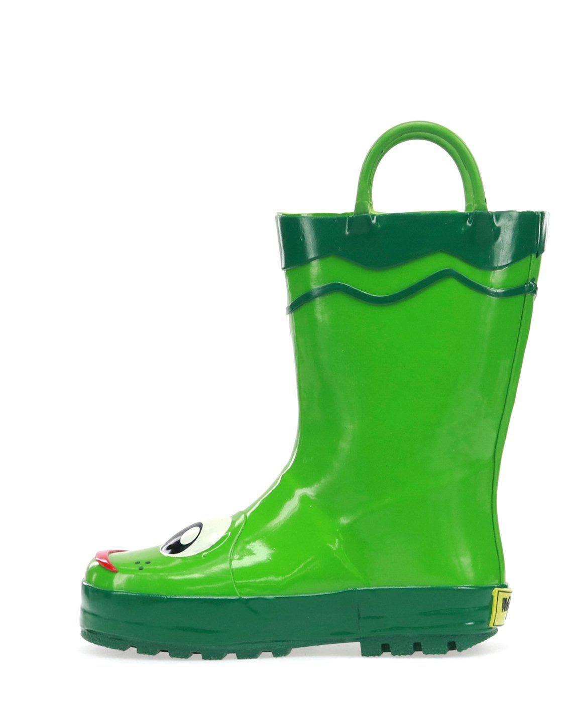 Green children's rain boot with a handle on a white background