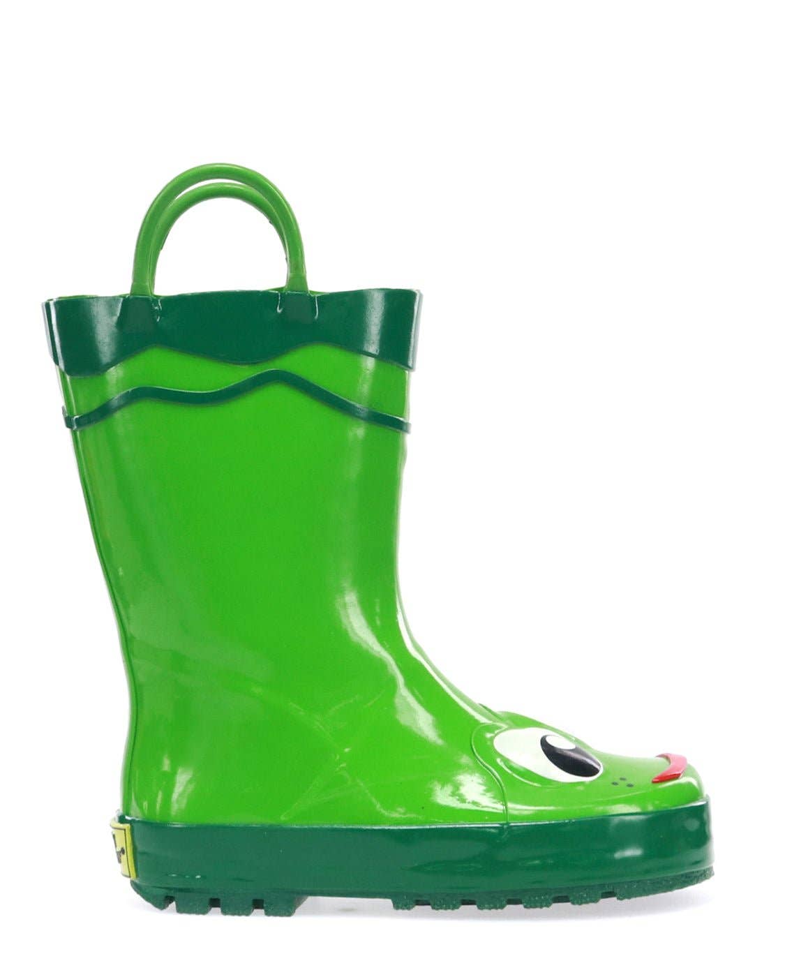 Green children's rain boot with a wavy design on a white background