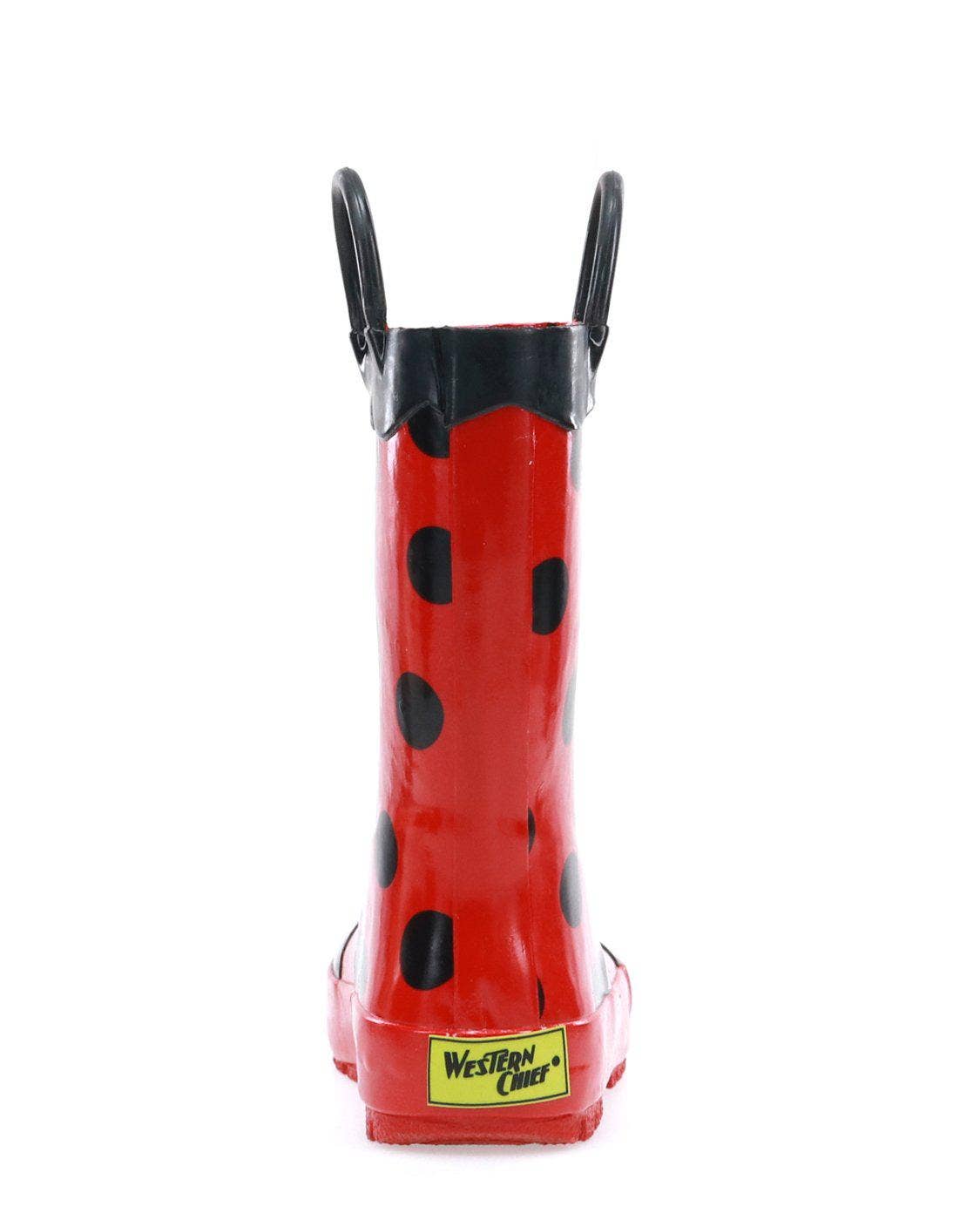 Red rain boot with black spots and a visible brand logo on a white background