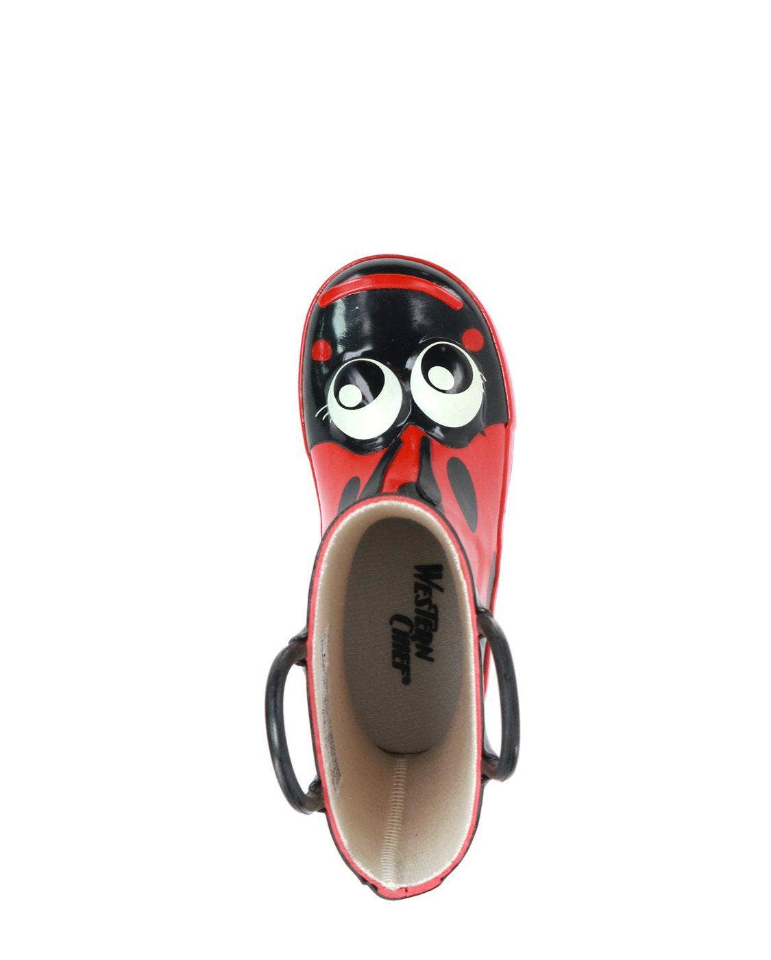 Red and black rain boot with a ladybug design on a white background