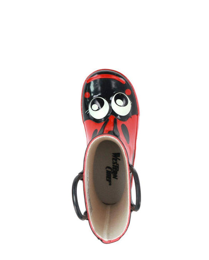 Red and black rain boot with a ladybug design on a white background