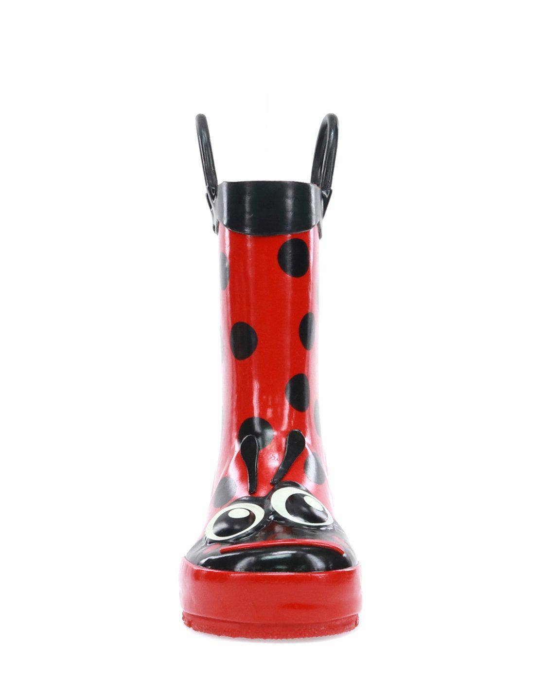 Red rain boot with black polka dot design on a white background