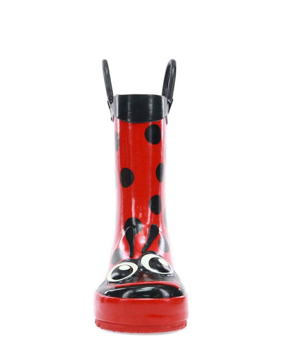 Red rain boot with black polka dot design on a white background
