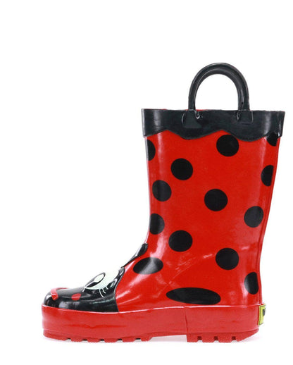 Red rain boot with black polka dots and handle on a white background