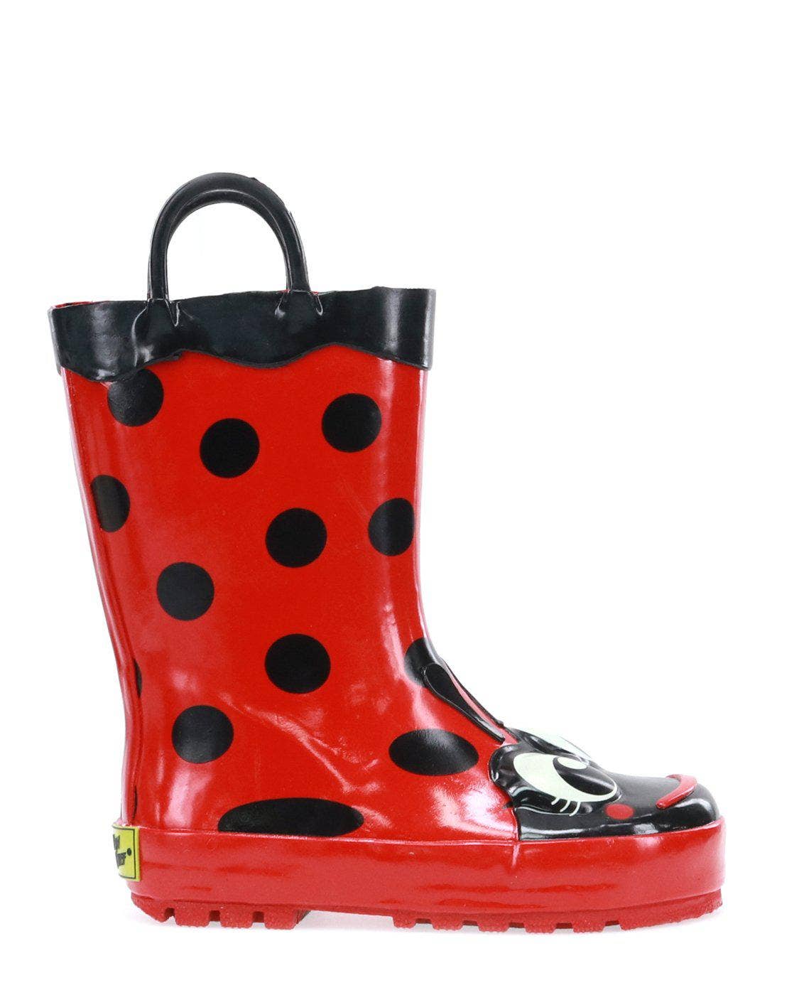 Red rain boot with black polka dots and a ladybug design on a white background