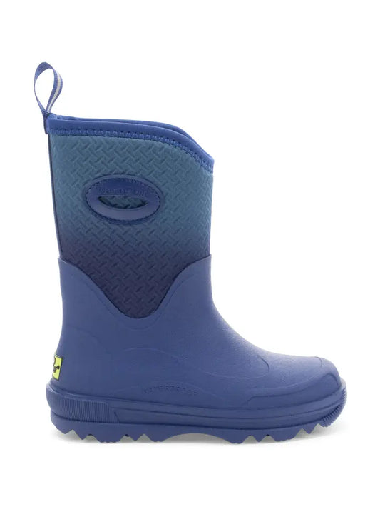 A blue slip-on boot with a textured gradient upper and a solid blue rubber sole, shown from a side profile on a white background.