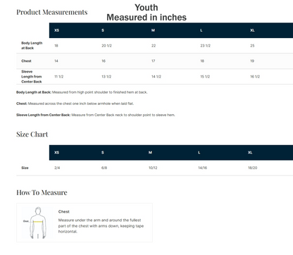 Size chart for youth clothing measured in inches on a white background